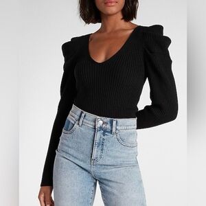 Express V-Neck Puff Sleeve Black Sweater Size S